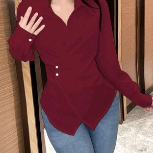 SHEIN Red Fitted Asymmetrical Button Down Blouse